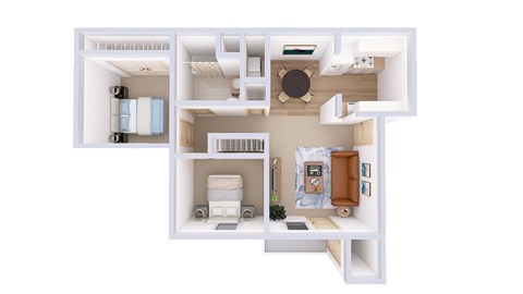 A white floor plan of a small apartment with a kitchen, living room, and bathroom.
